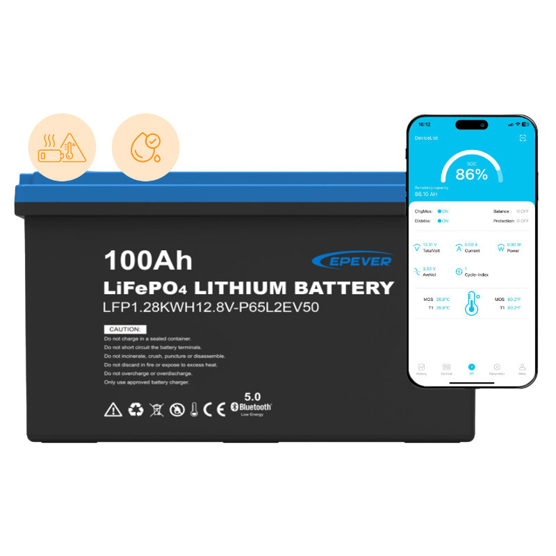 Batteria Epever LiFePO4 12,8 V 100 Ah IP65 con tappetino riscaldante